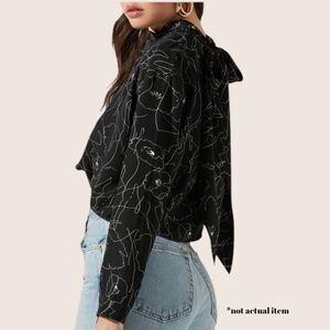 🖤 NWOT ASTR BLACK WHITE FLORAL SKETCH LONG SLEEVE TIE NECK CROP BLOUSE MEDIUM